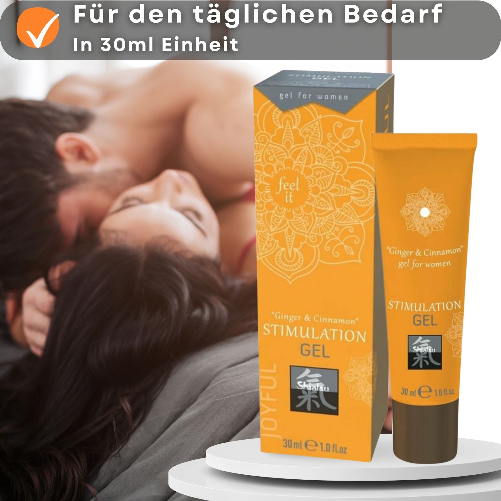 Produktverpackung mit Text. Orangefarbene Schachtel und Tube. Enthält 30ml. Marke: Shiatsu.