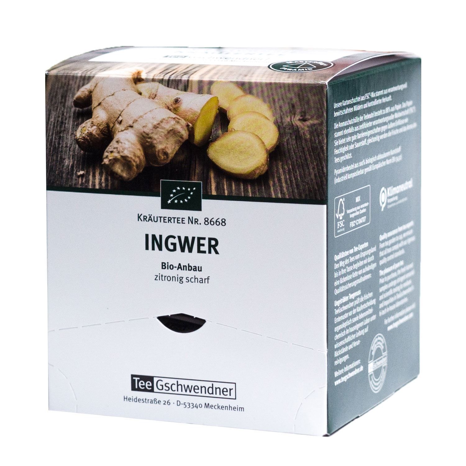 Kräutertee-Verpackung mit Ingwer-Abbildung. Text: Ingwer, Bio-Anbau, zitronig scharf. Marke: Tee Gschwendner. Bio-Siegel.