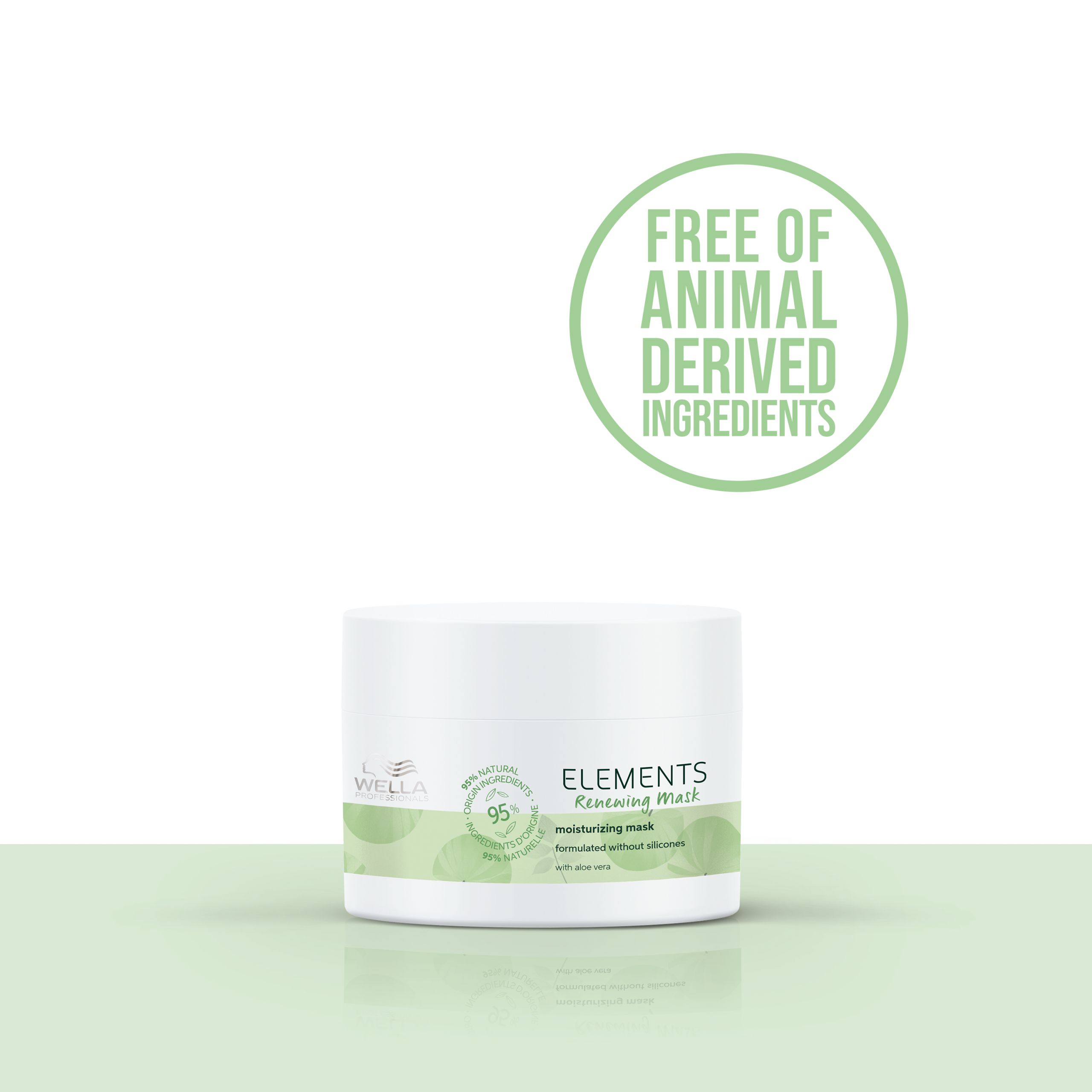 Weißer Tiegel mit grünem Etikett. Aufschrift: ELEMENTS Renewing Mask, 95% natürliche Inhaltsstoffe. Mit Aloe Vera. Siegel: Frei von tierischen Inhaltsstoffen.