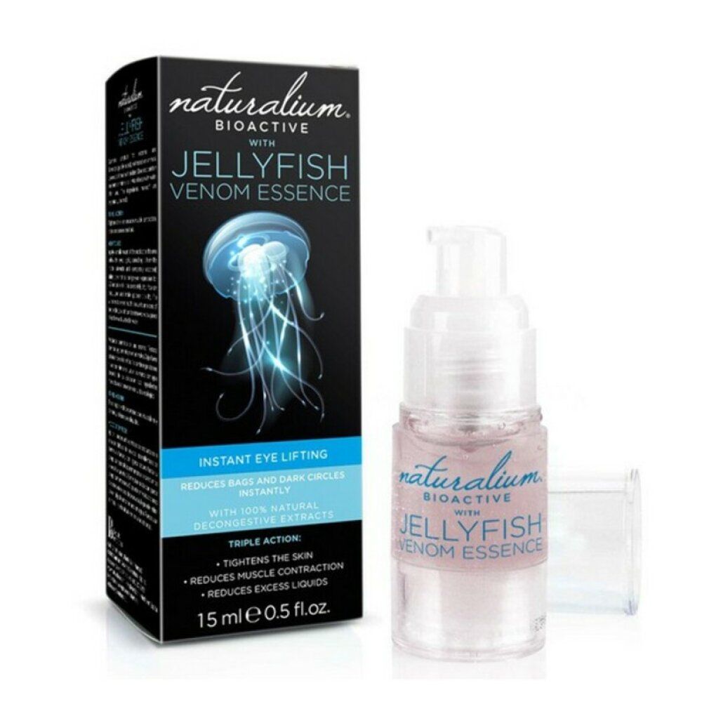 Produktverpackung und Flasche. Schwarze Schachtel mit Produktname und Qualifikationen. Transparente Flasche mit rosa Flüssigkeit und Pumpe.