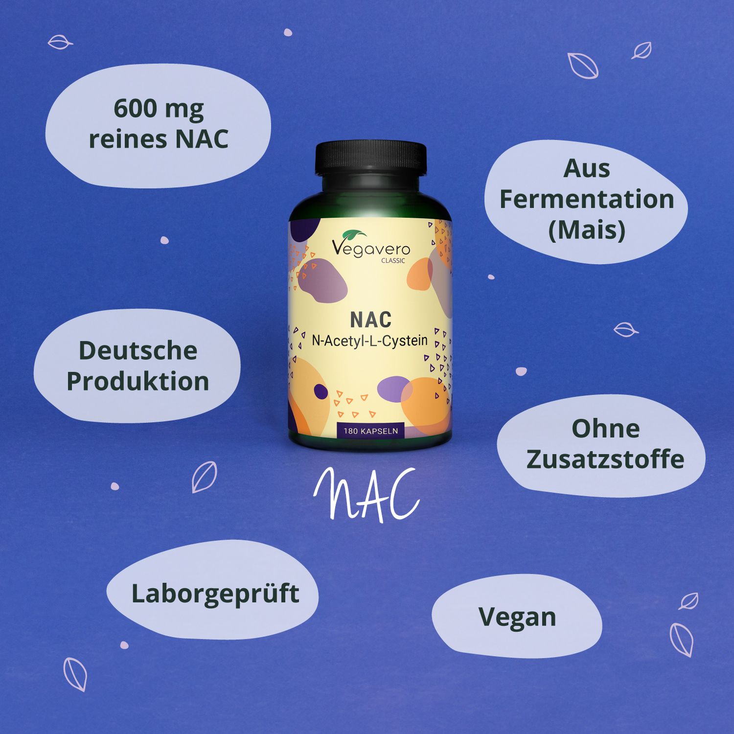 Grüne Flasche mit schwarzem Deckel. Aufschrift: Vegavaro Classic, NAC, N-Acetyl-L-Cystein, 180 Kapseln. Zusätzliche Informationen in Sprechblasen.