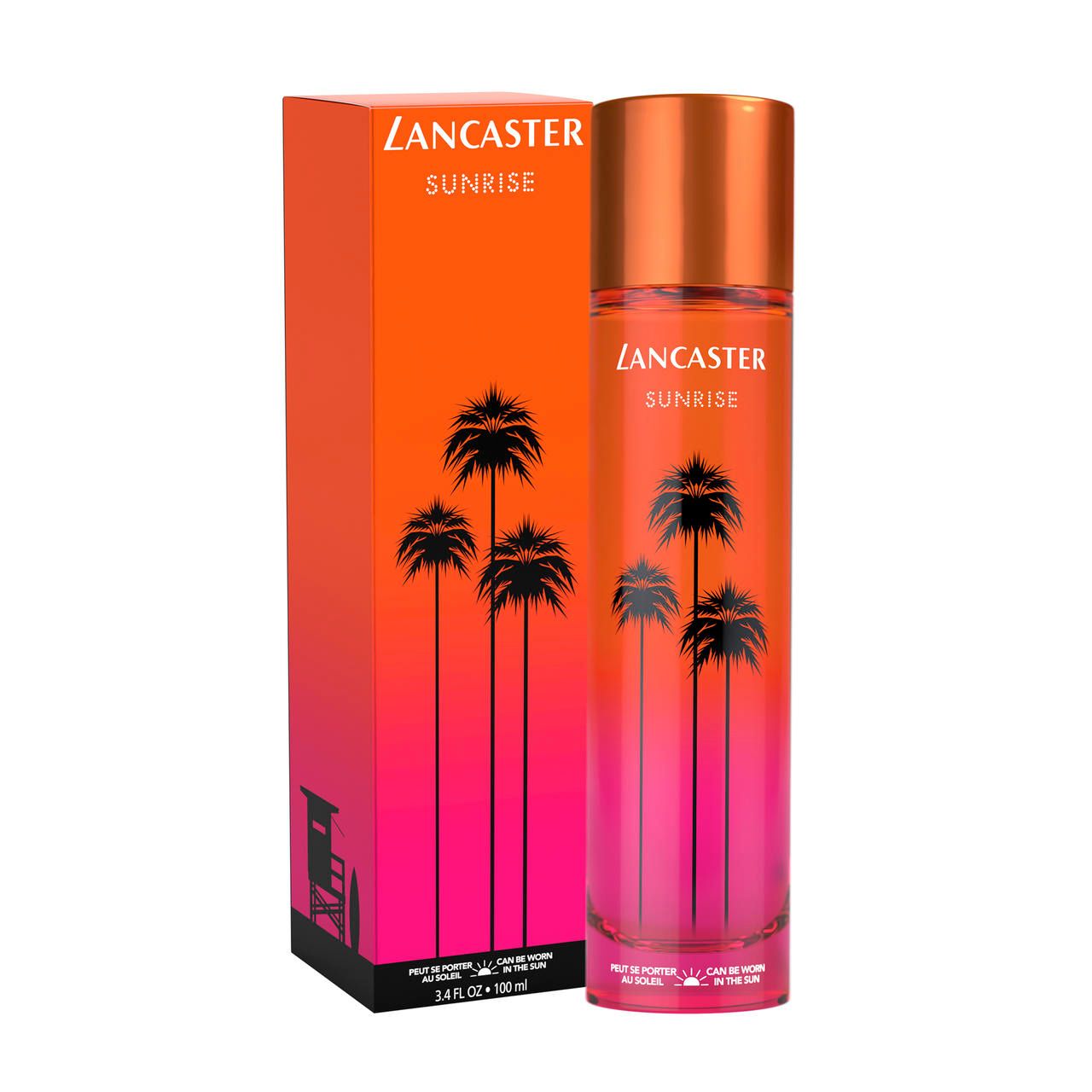 Lancaster Sunrise E.d.T. Nat. Spray Flakon und Verpackung. Beide mit Farbverlauf, Palmen-Motiv. Goldener Deckel.