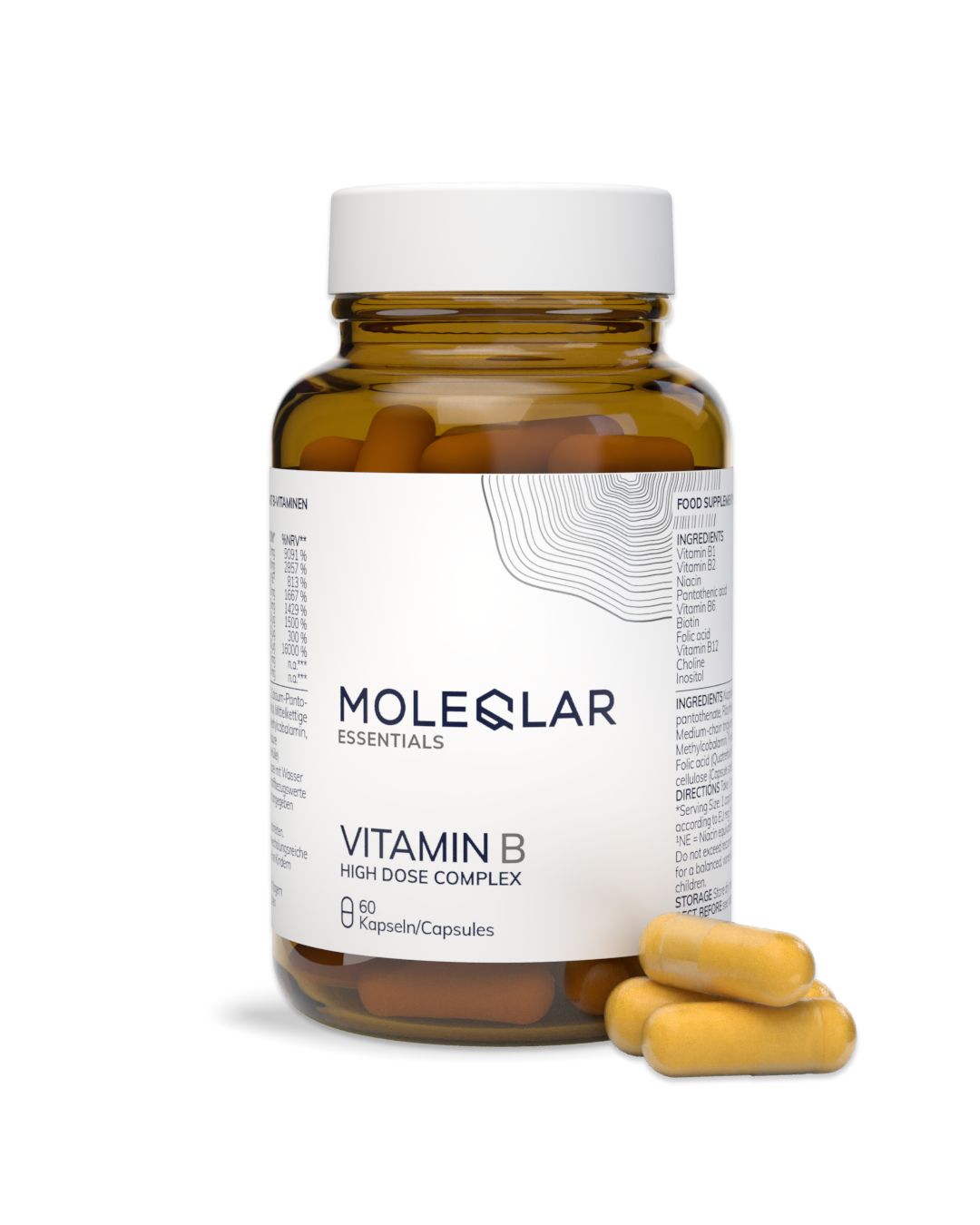 Braune Glasflasche mit weißem Deckel, gefüllt mit Vitamin-B-Kapseln. Enthält 60 Kapseln.