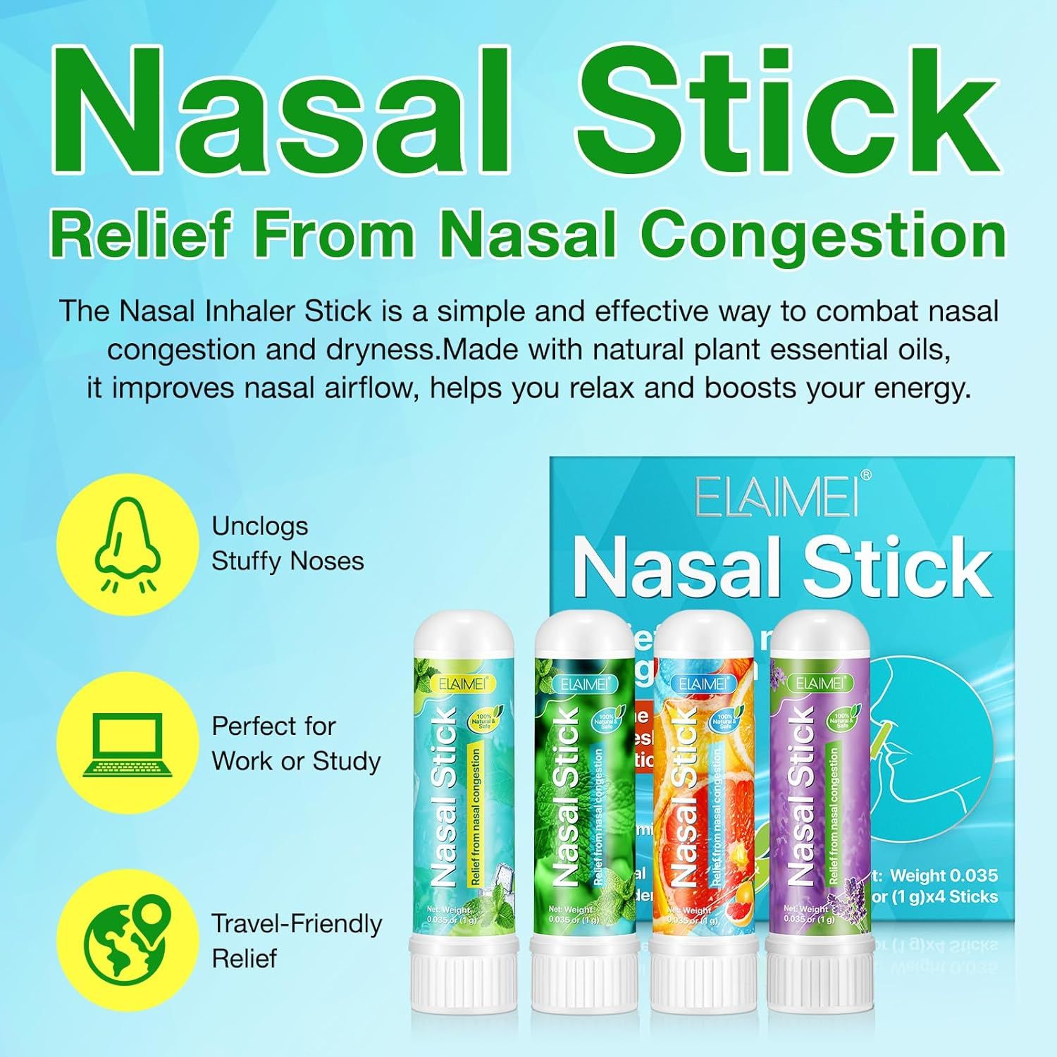 Vier Nasen-Inhaliersticks in einer Schachtel. Die Sticks sind weiß und farbig bedruckt. Auf der Schachtel steht 'Nasal Stick'.