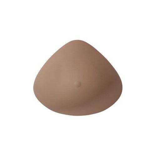 Brustprothese aus Silikon, hautfarben, tropfenförmig. Mit kleiner Erhebung.
