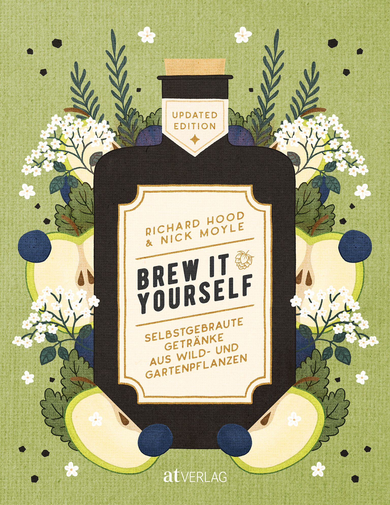 Buchcover mit Titel "Brew It Yourself". Illustration einer Flasche mit floralen Elementen. Autoren: Richard Hood & Nick Moyle. Verlag: at Verlag.