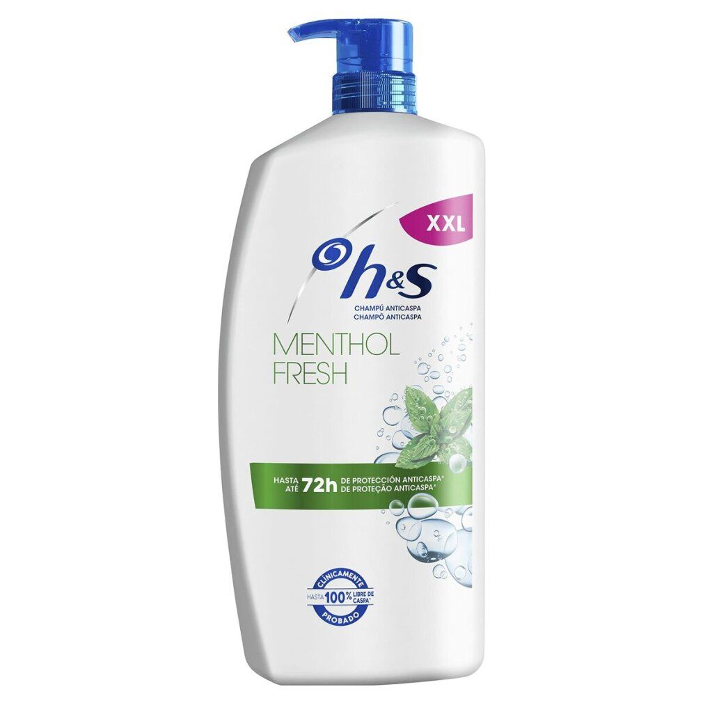 Weiße Flasche mit blauem Pumpkopf. Aufschrift: h&s, Menthol Fresh, bis zu 72h Schutz vor Schuppen. XXL-Version.