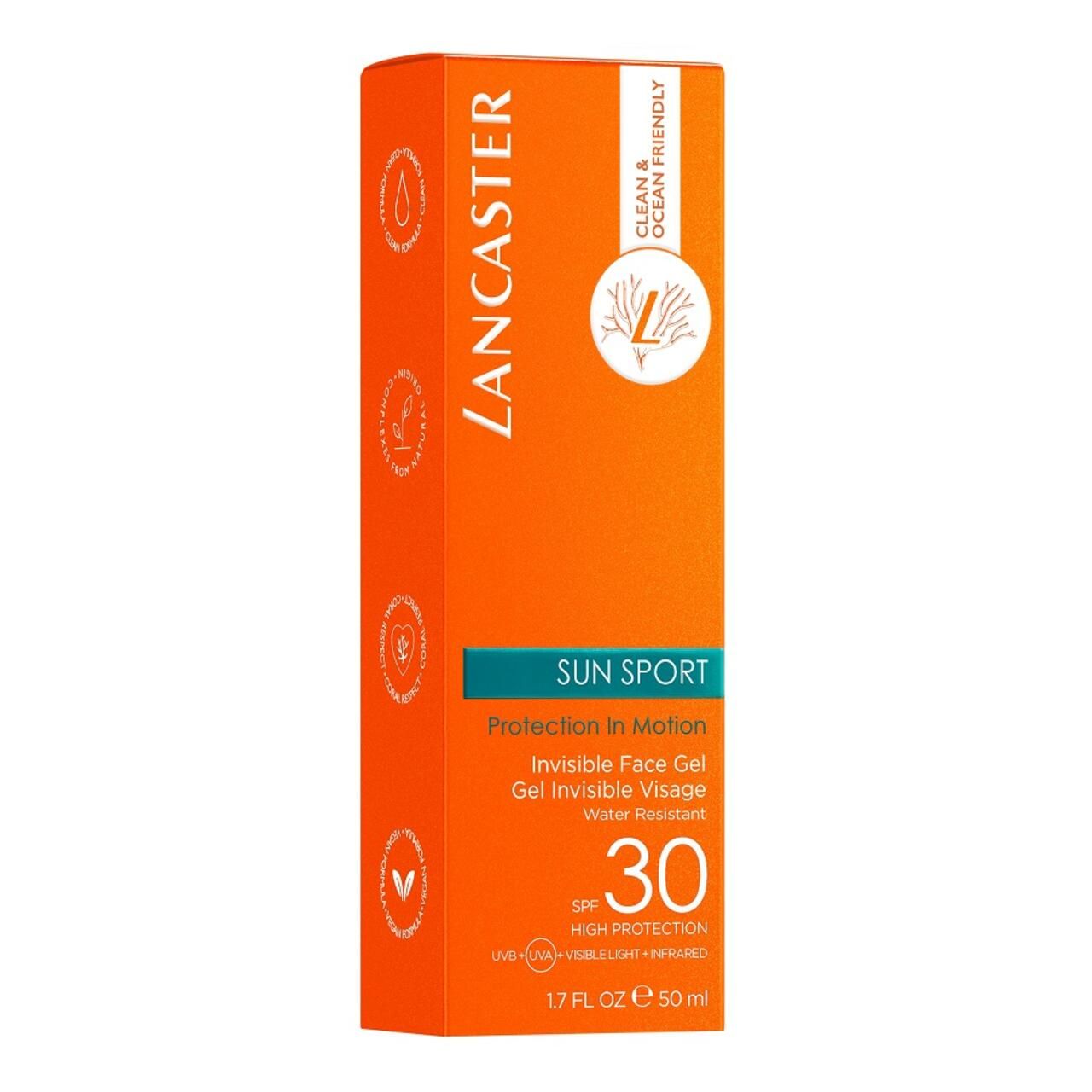 Orangefarbene Verpackung von Lancaster Sun Sport Invisible Face Gel SPF30. Text und Logos.