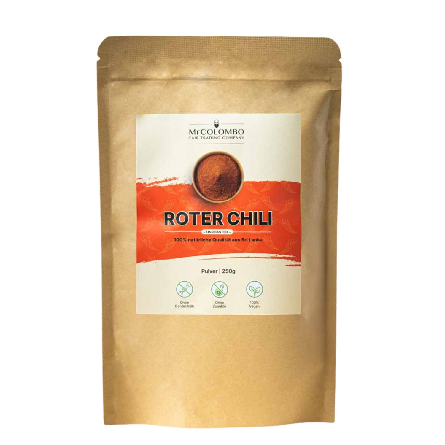 Beutel MrCOLOMBO Rotes Chili Pulver. Aufschrift: Roter Chili, 100% natürliche Qualität aus Sri Lanka. Vegan, ohne Gentechnik, ohne Zusätze.