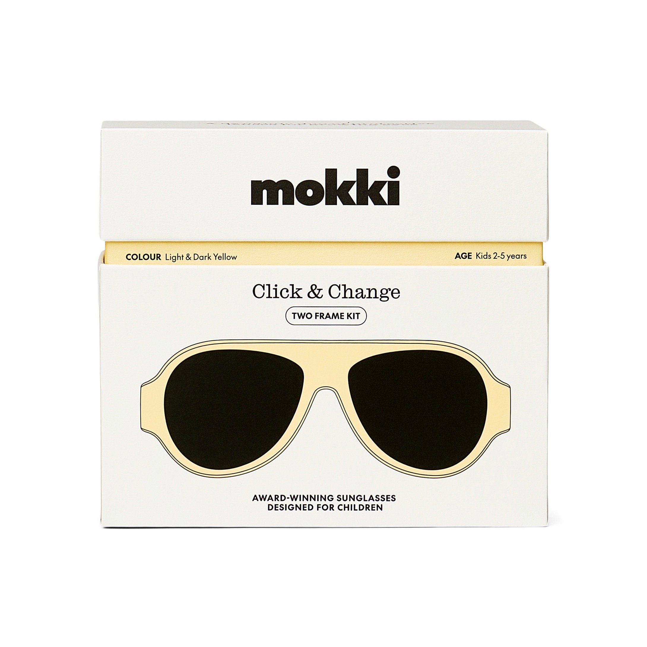 Verpackung des Mokki Click & Change Rahmen Kits. Gelbe Sonnenbrille abgebildet.