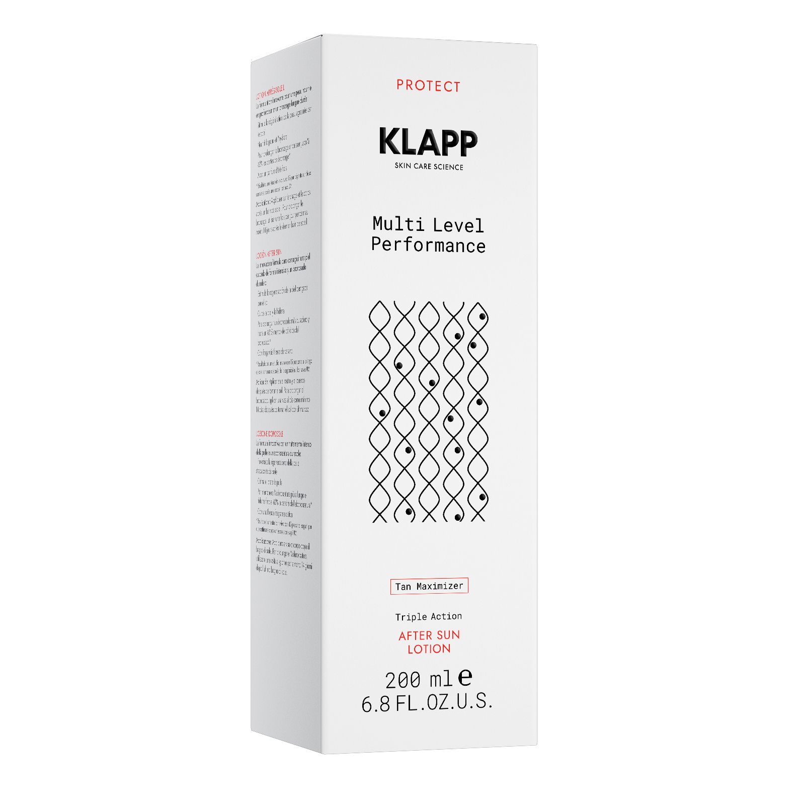 Weiße Verpackung mit Produktinformationen. Oben steht "PROTECT", darunter "KLAPP". Darunter "Multi Level Performance". Unten "AFTER SUN LOTION".