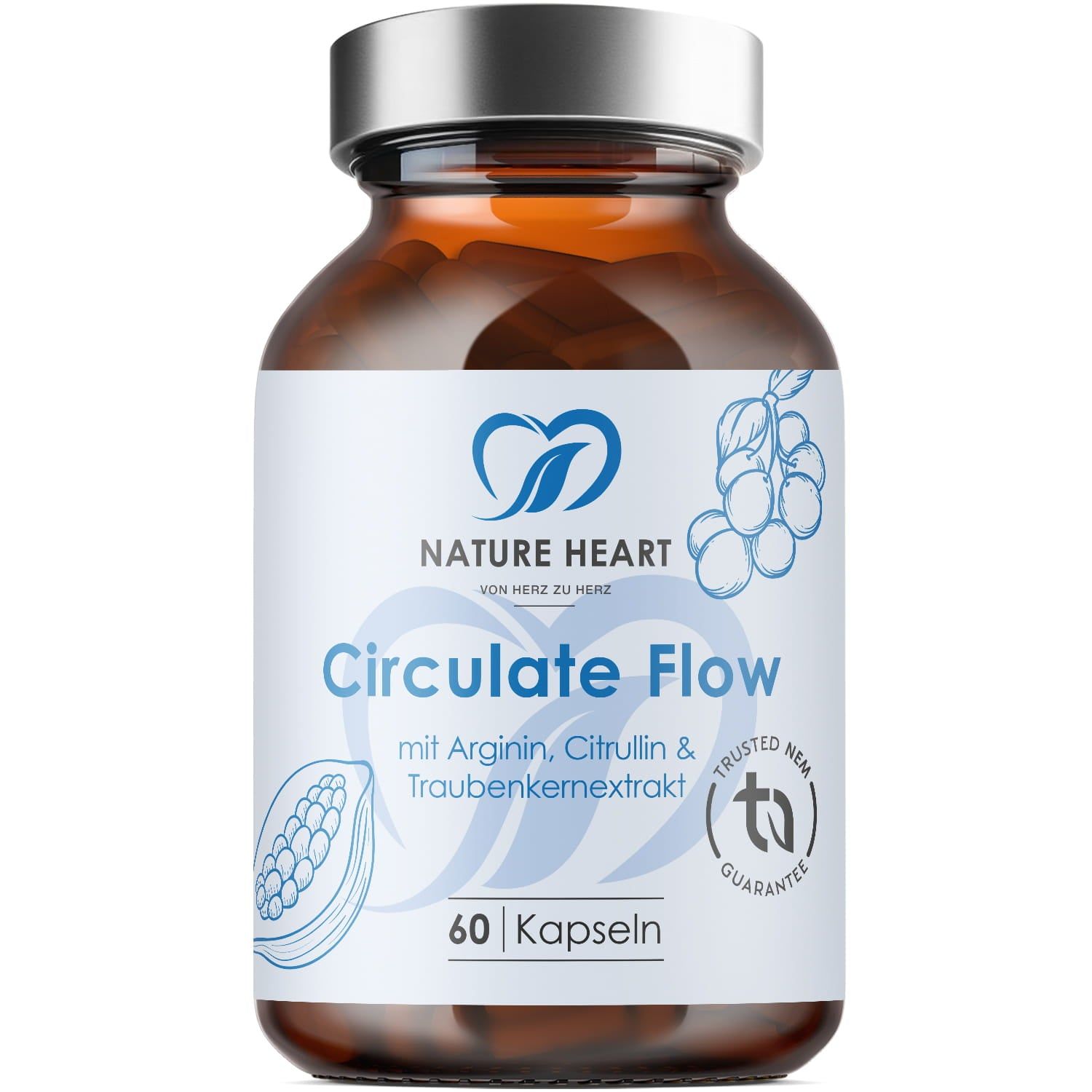 Braune Kapsel-Flasche mit silbernem Deckel. Aufschrift: Circulate Flow, 60 Kapseln. Logo: Herz mit Blättern. Zusatz: Arginin, Citrullin, Traubenkernextrakt.