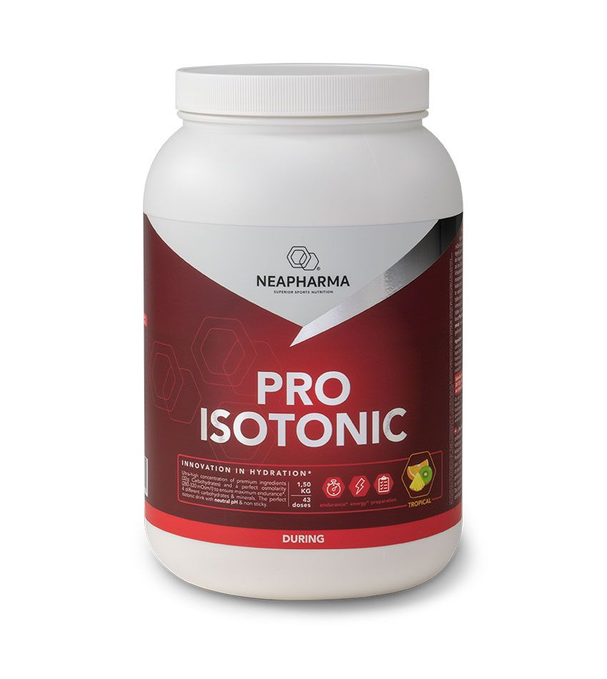 Weiße Dose mit rotem Etikett. Aufschrift: NEAPHARMA PRO ISOTONIC. Tropische Geschmacksrichtung. Enthält Nährwertangaben.