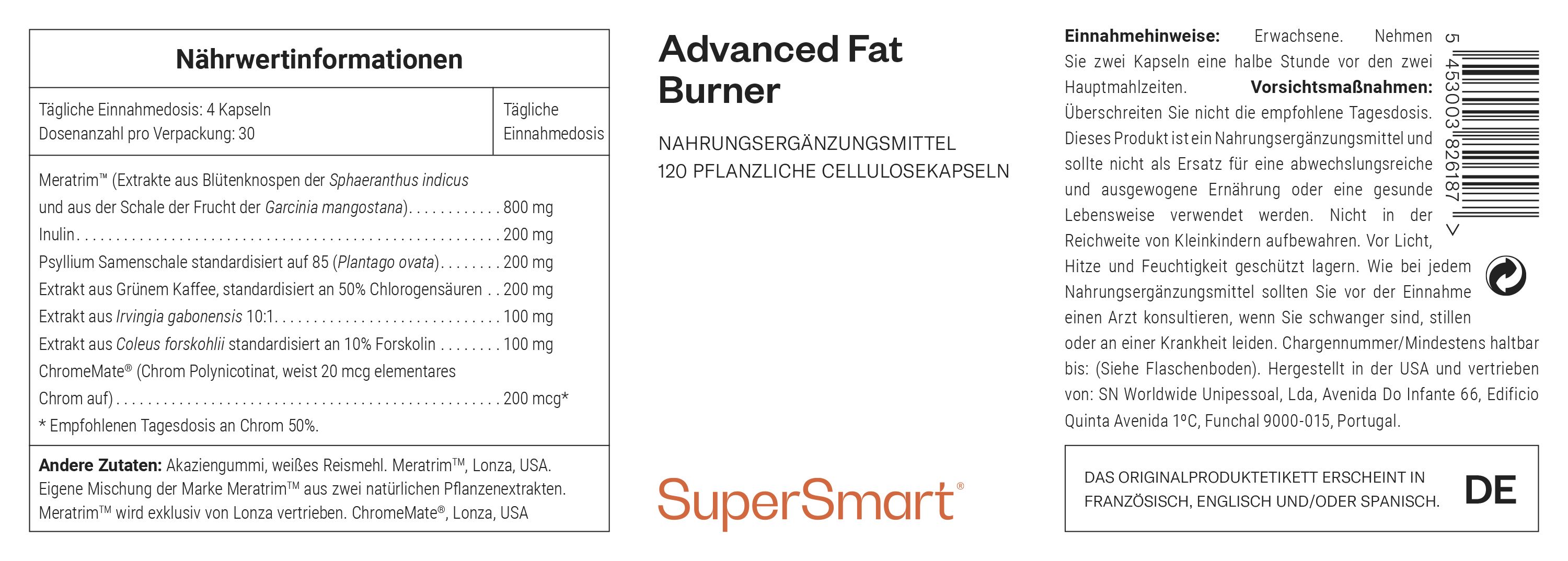 Nahrungsergänzungsmittel. 120 pflanzliche Zellulosekapseln. SuperSmart-Markenlogo. Nährwertinformationen.