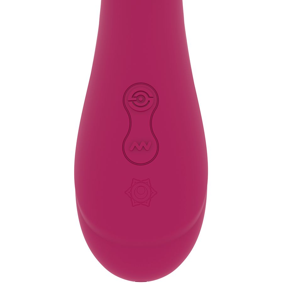 Nahaufnahme der Bedienelemente eines pinkfarbenen Vibrators. Knöpfe mit Symbolen.