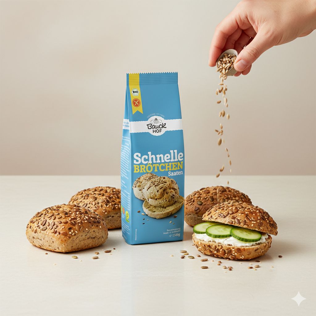 Bauckhof Schnelle Brötchen Saaten Backmix Packung mit fertigen Brötchen, eines belegt, Samen werden hinzugefügt.