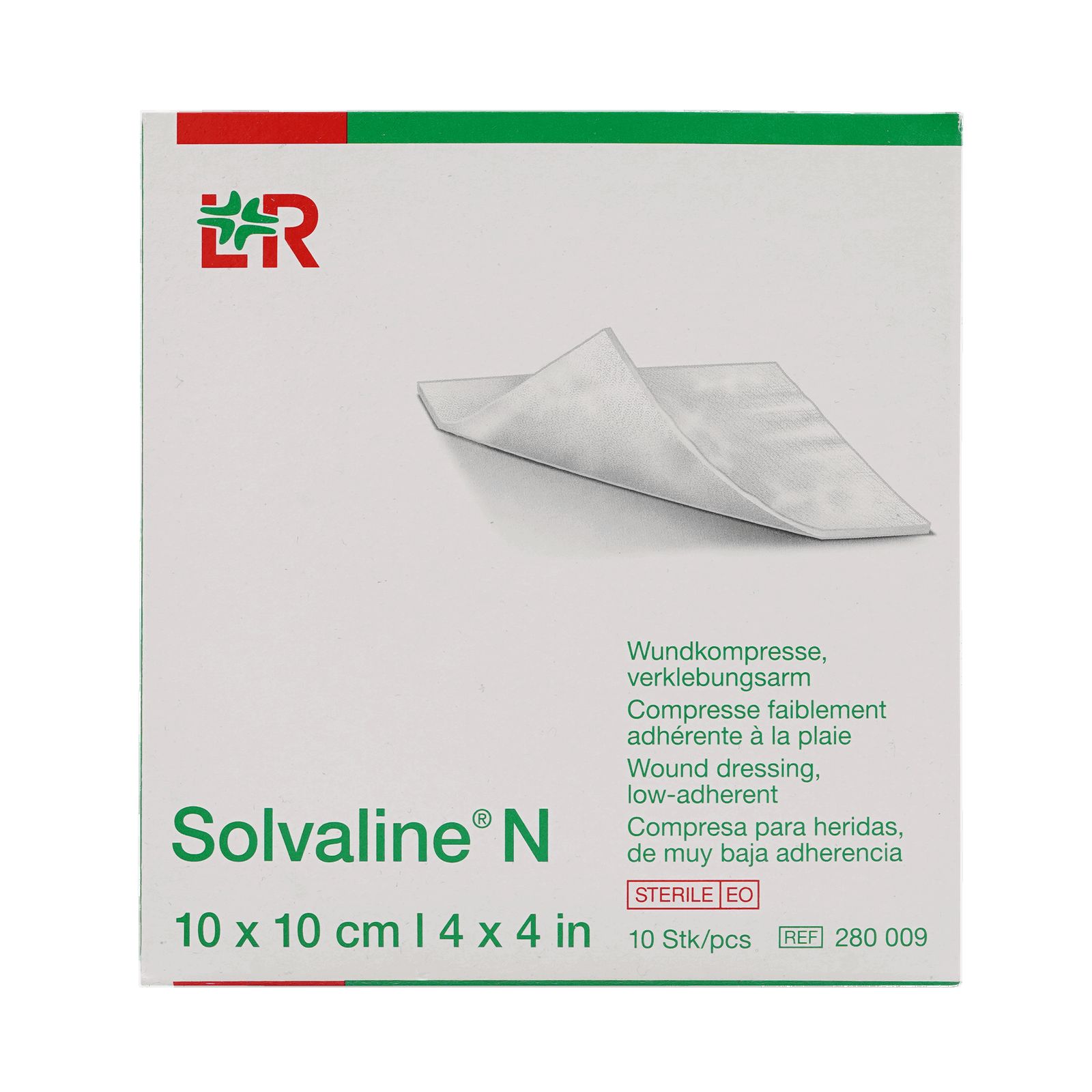 Quadratische Verpackung mit SOLVALINE N Kompressen. Produktname und Größe 10x10 cm sind sichtbar. Sterile Kompressen, 10 Stück.