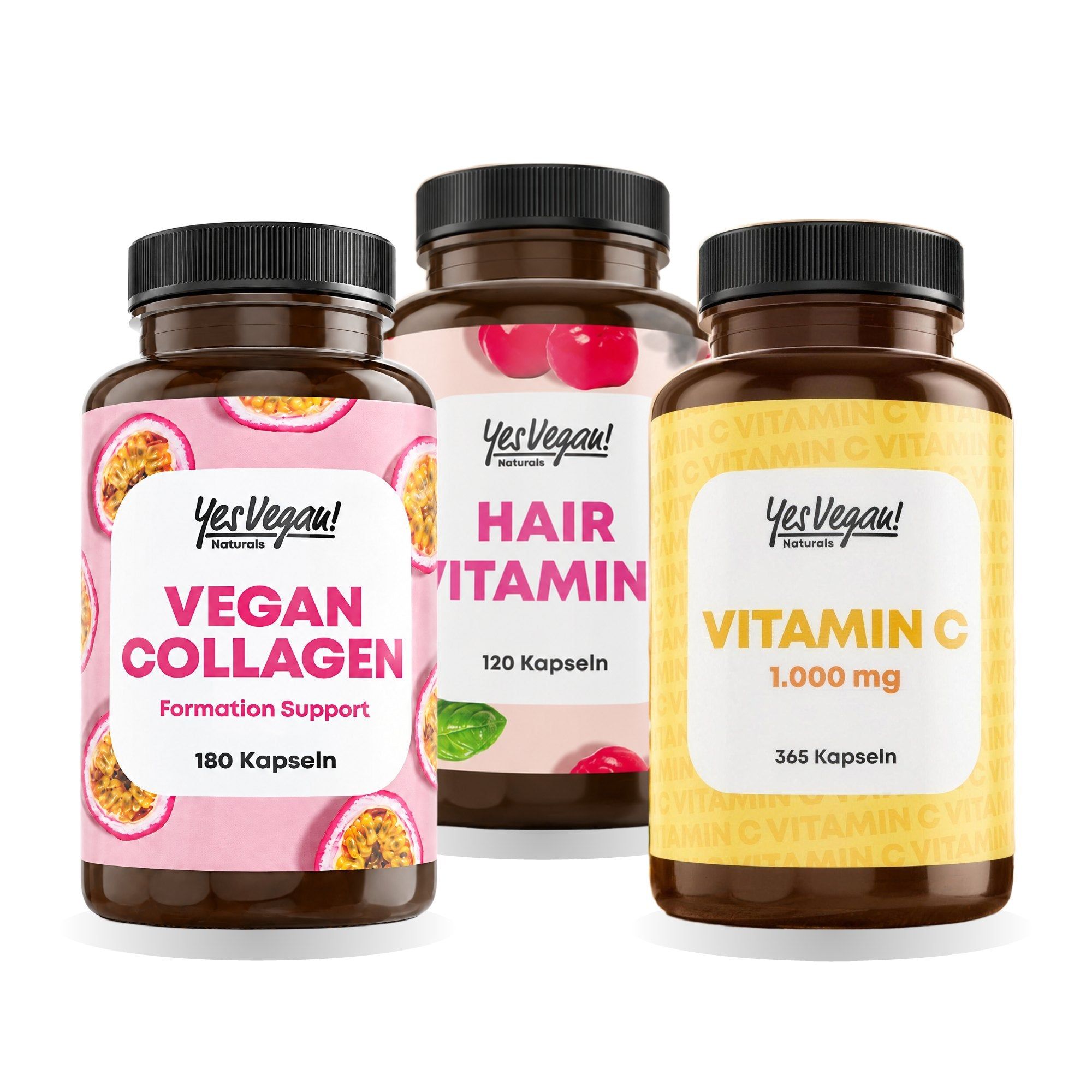 Drei Flaschen Nahrungsergänzungsmittel: Vegan Collagen, Hair Vitamin, Vitamin C.