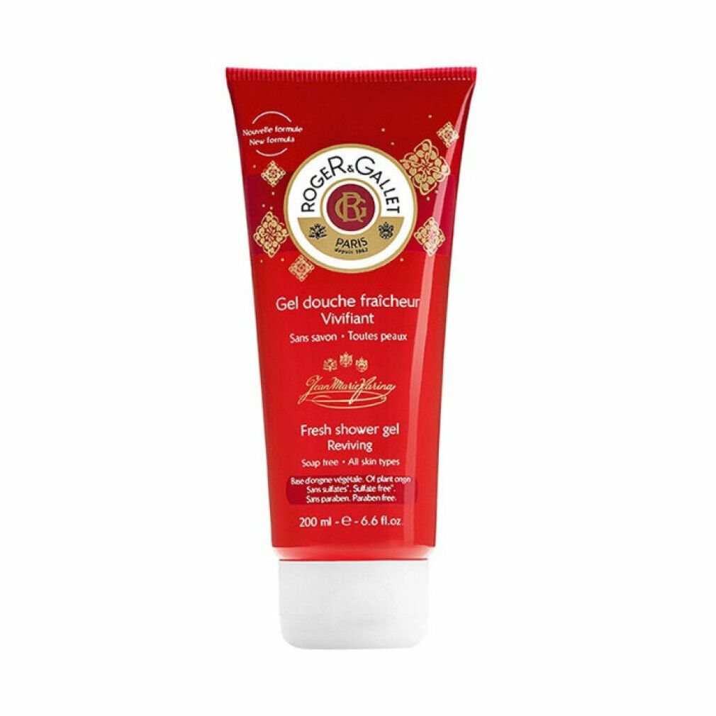 Rote Tube Duschgel. Logo ROGER & GALLET, Schriftzug 'Gel douche fraîcheur Vivifiant'. Text 'Fresh shower gel'.