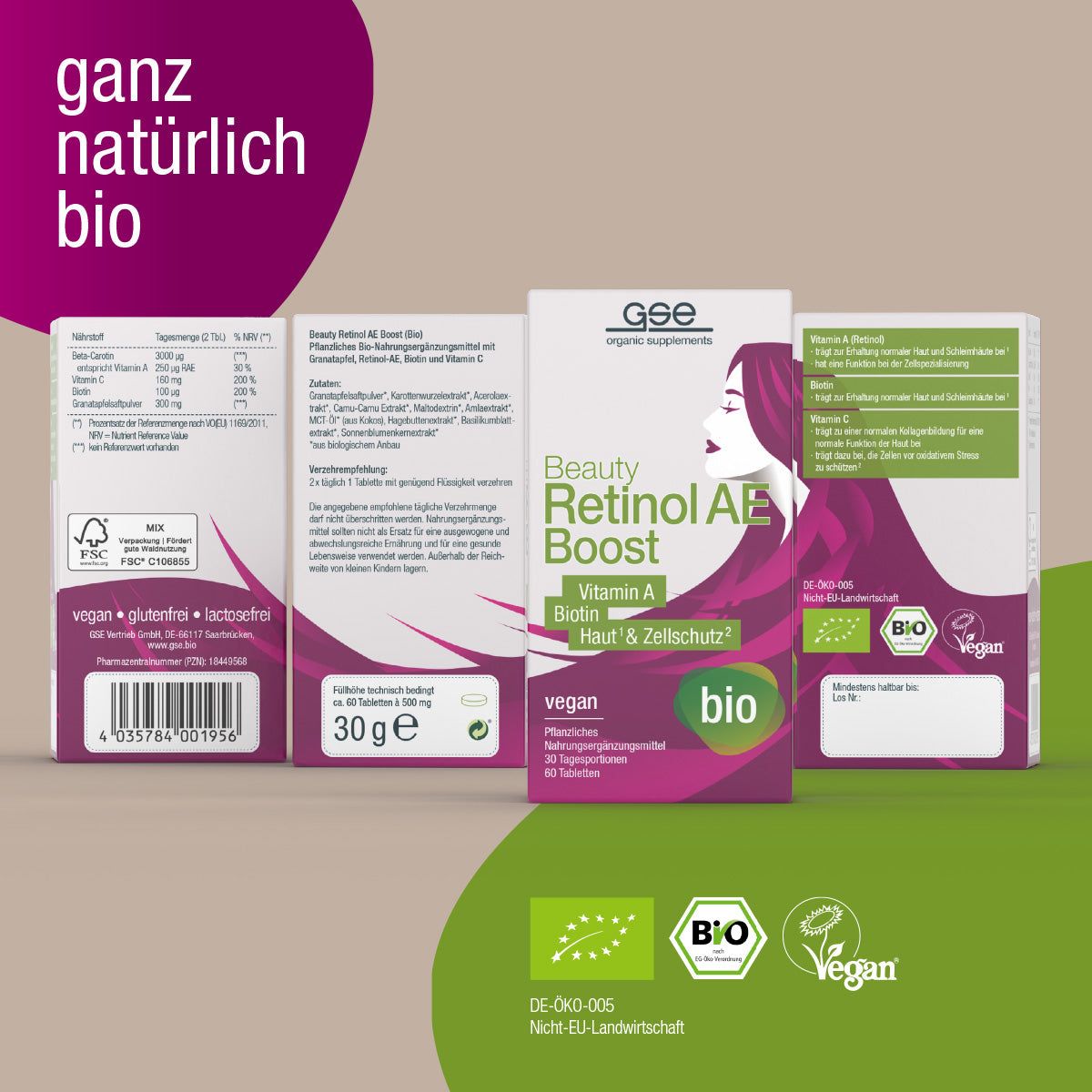 GSE Beauty Retinol AE-Boost Bio. Schachtel mit Produktinformationen. Vegan, 60 Tabletten. Bio-Siegel. FSC-Zertifizierung.