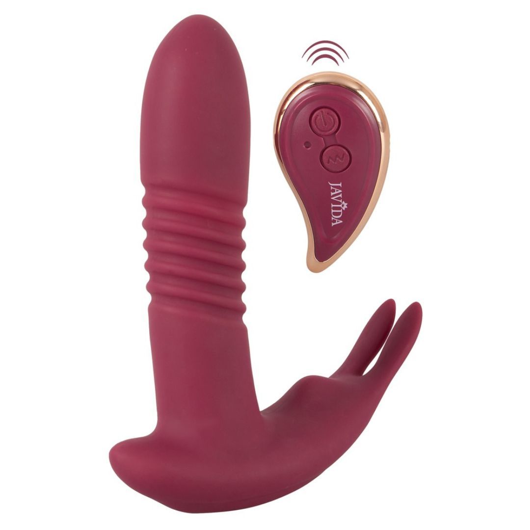 Burgunderfarbener Vibrator mit Fernbedienung. Die Fernbedienung hat goldfarbene Akzente und den Schriftzug "Javida".