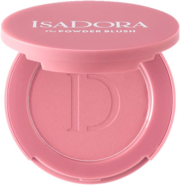 Geöffneter, rosafarbener IsaDora Powder Blush. Deckel mit Schriftzug: IsaDora, The Powder Blush.