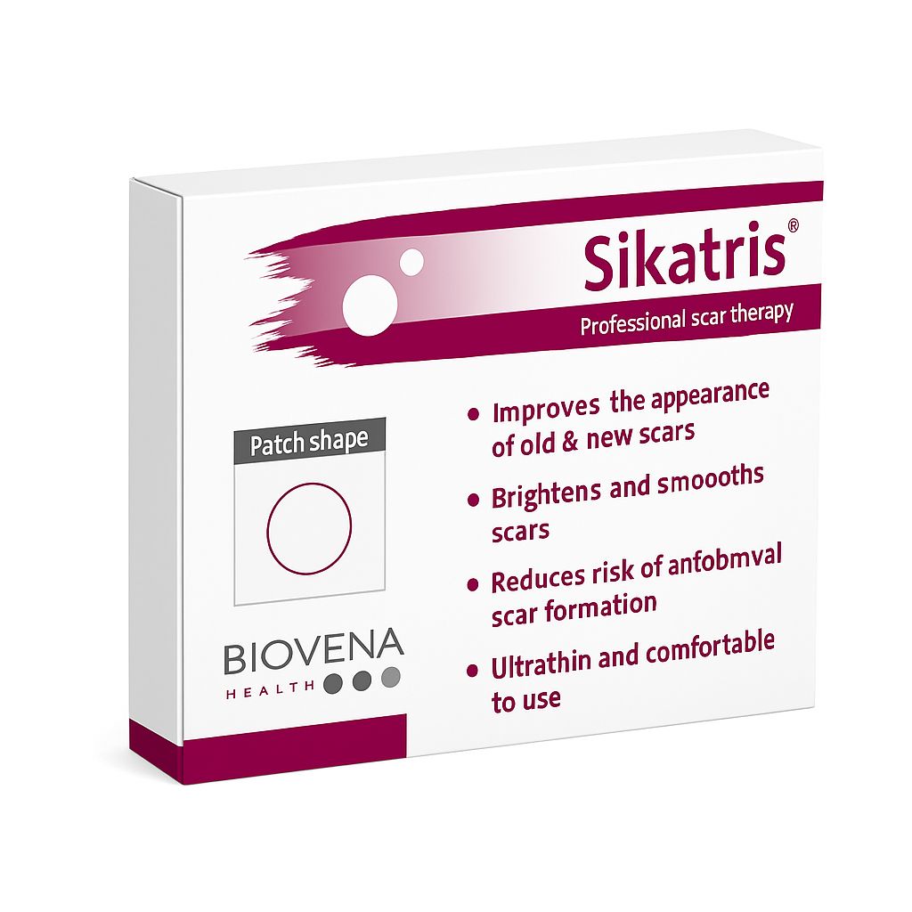 Verpackung von Biovena Health Sikatris Silikonpflaster. Weißer Karton mit Produktinformationen.