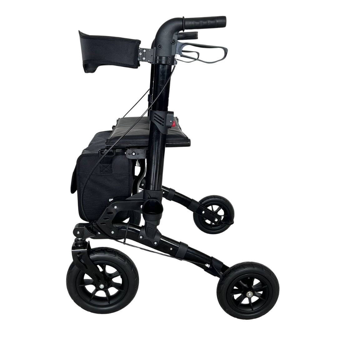 Seitenansicht eines schwarzen Rollators mit Sitz, Tasche und Federung.