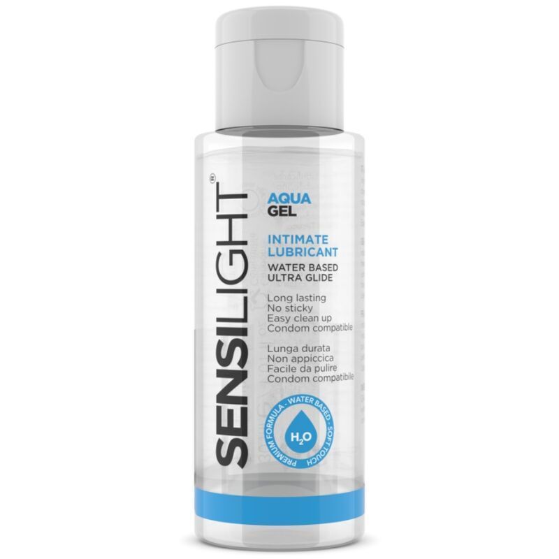 Zylindrische Flasche mit weißem Deckel. Aufschrift: SENSILIGHT, AQUA GEL, Intimate Lubricant, Water Based Ultra Glide. Wasser-Symbol.