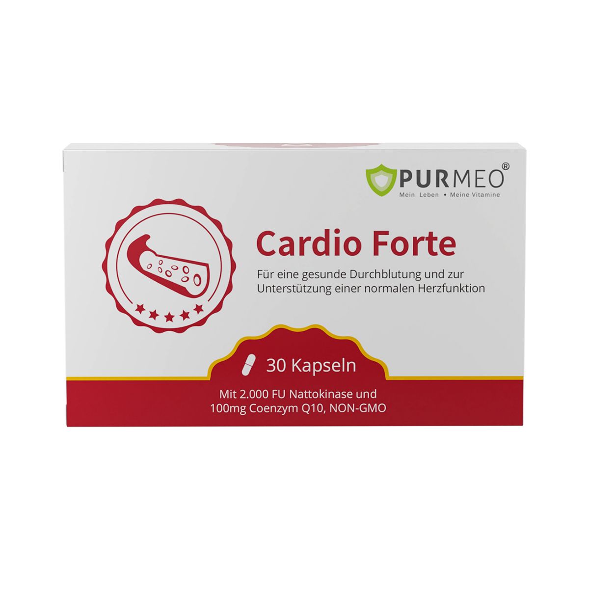 Weiße Schachtel mit roter und grüner Beschriftung. Enthält PURMEO Cardio Forte Kapseln. 30 Kapseln. Mit Nattokinase und Coenzym Q10.
