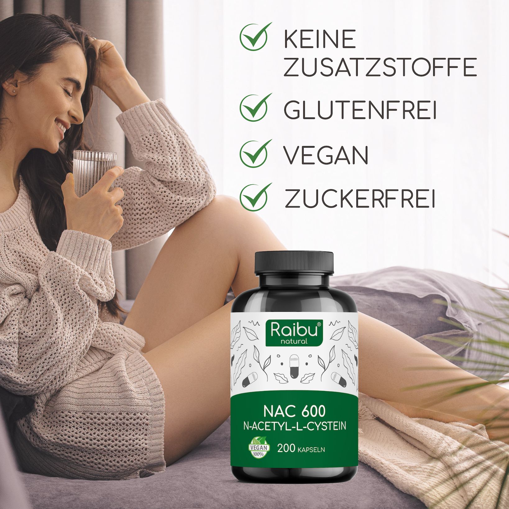Frau mit Flasche. Aufschrift: Ohne Zusatzstoffe, glutenfrei, vegan, zuckerfrei.