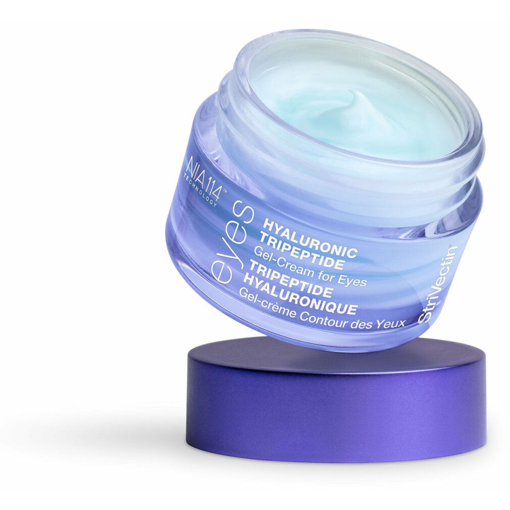 Produktbehälter auf violettem Sockel. Aufschrift: HYALURONIC TRIPEPTIDE Gel-Cream for Eyes. Marke: Strivectin.