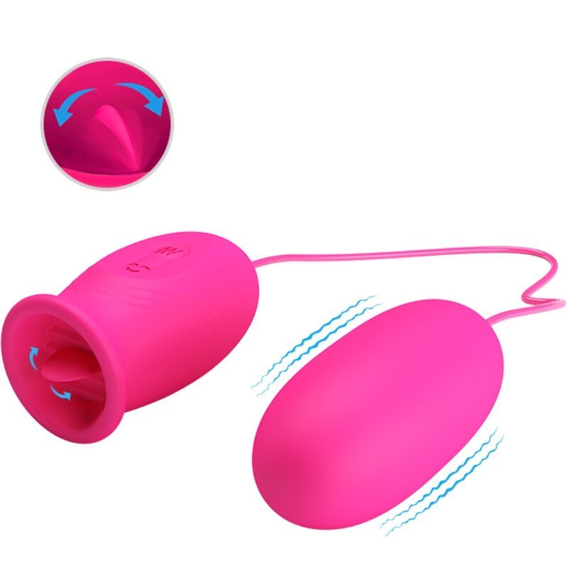 Rosa Ei-Vibrator mit einem zylindrischen Teil. Das zylindrische Teil hat eine Öffnung mit Lamellen. Verbunden durch ein rosa Kabel.