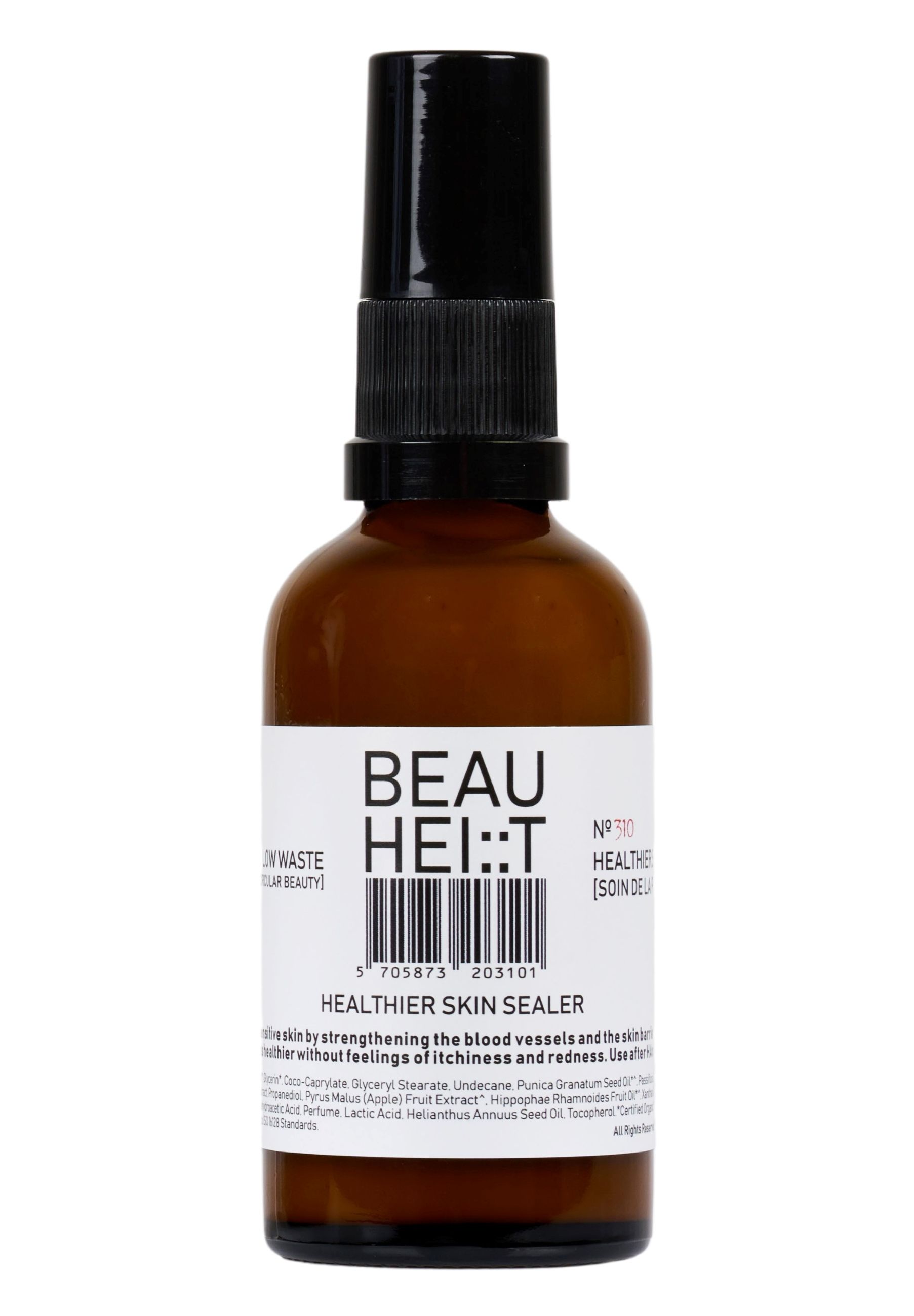 Braune Glasflasche mit schwarzem Sprühkopf. Weißes Etikett mit Produktnamen und Text. "BEAUHEIT Healthier Skin Sealer".