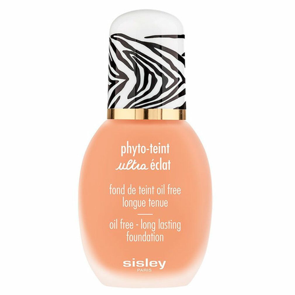 Sisley Phyto-Teint Ultra Eclat. Flasche mit Zebra-Muster-Deckel. Text: Oil free - long lasting foundation.