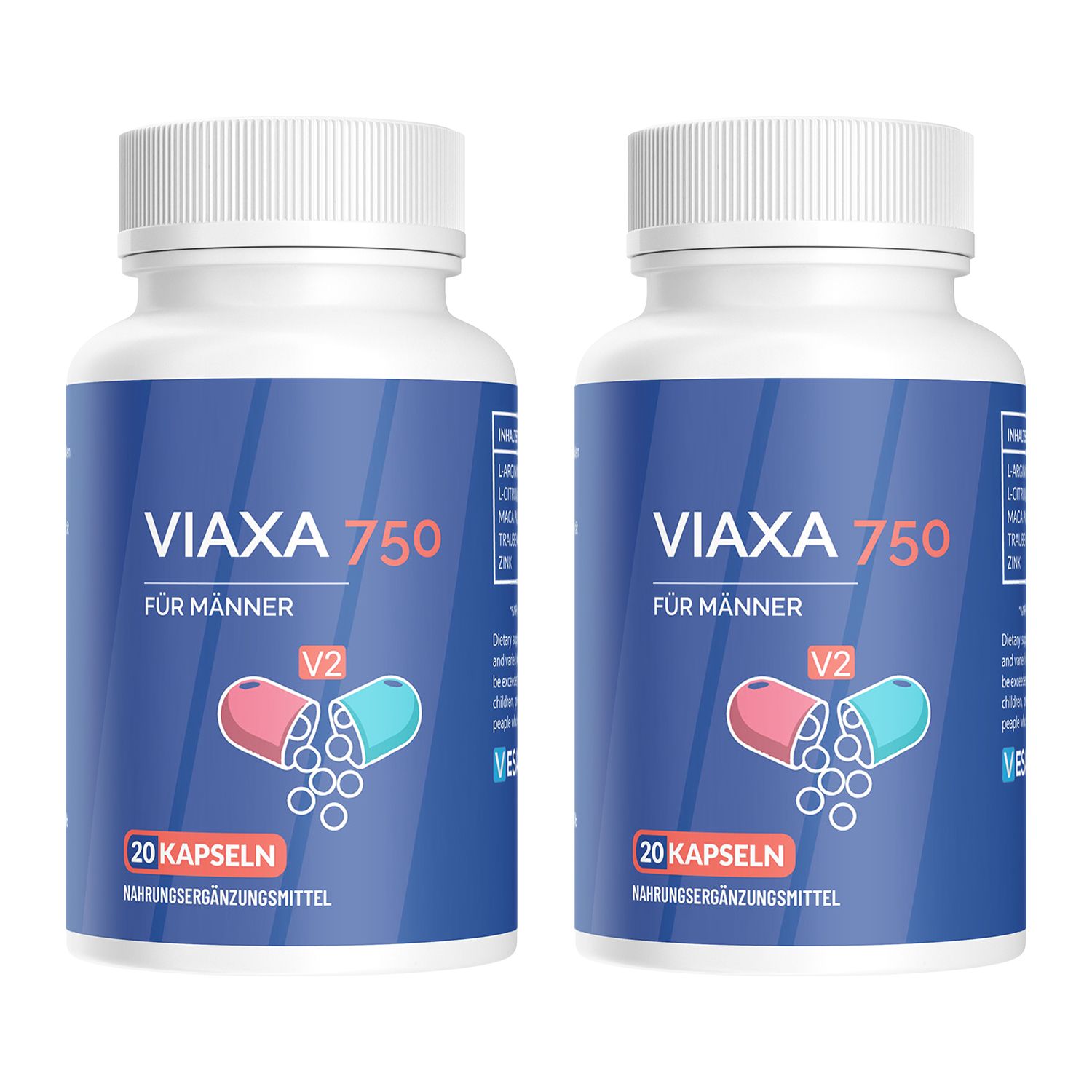 Zwei weiße Flaschen mit blauen Etiketten. Aufschrift: VIAXA 750 FÜR MÄNNER, 20 KAPSELN. Abbildung einer Kapsel.