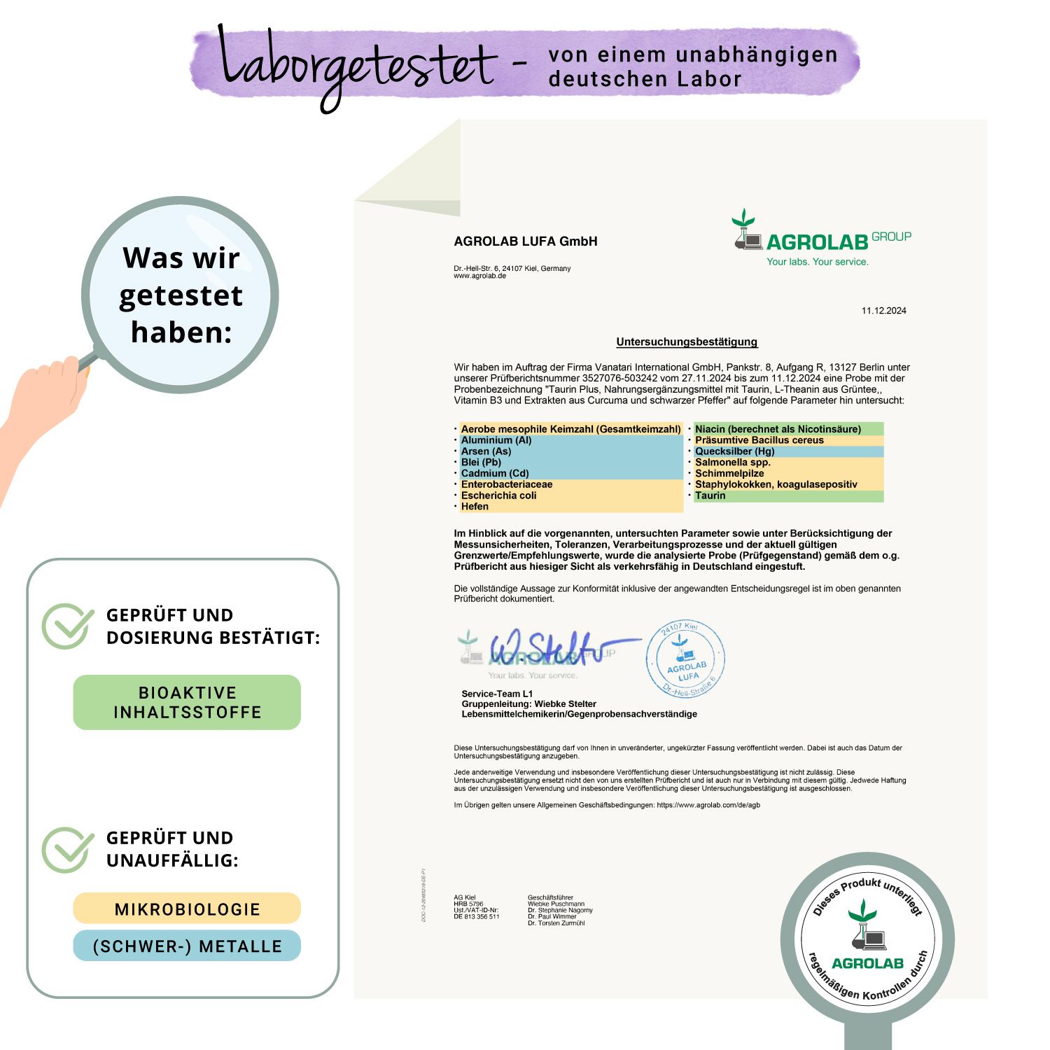 Zertifikat von Agrolab. Geprüft und bestätigt: Bioaktive Inhaltsstoffe. Geprüft und unauffällig: Mikrobiologie.