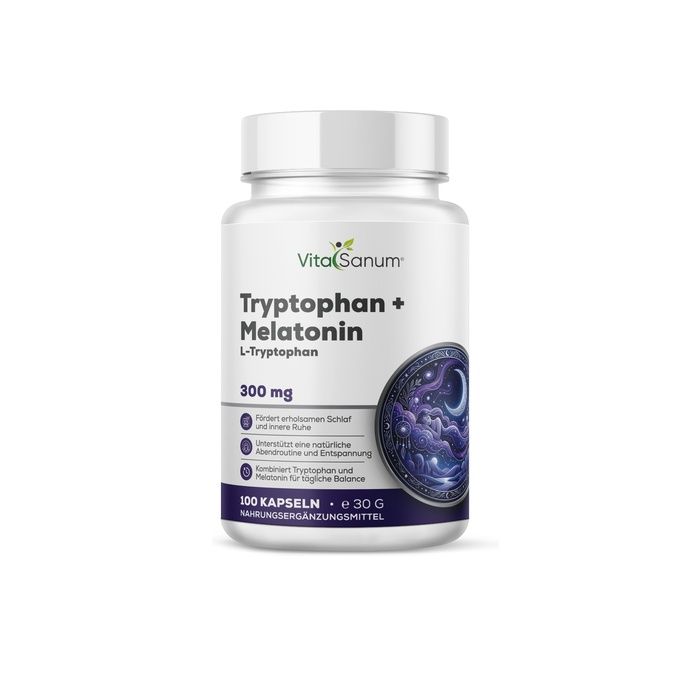 VitaSanum L-Tryptophan + Melatonin Kapseln: 100 Kapseln mit 300 mg L-Tryptophan und 1 mg Melatonin. Fördert Schlaf und innere Ruhe.