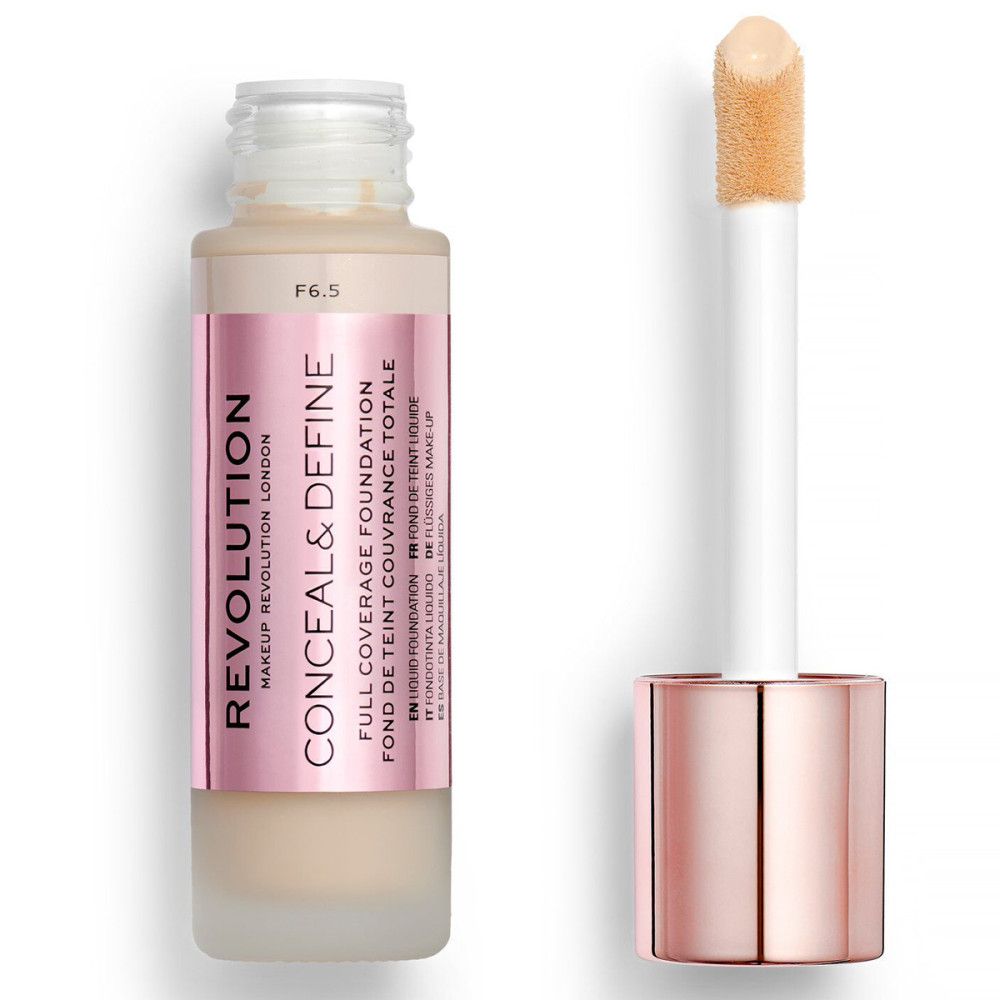 Flüssige Foundation in Glasflasche mit Applikator. Rosa Etikett mit Produktnamen und Marke. Deckel und Applikator in Roségold.