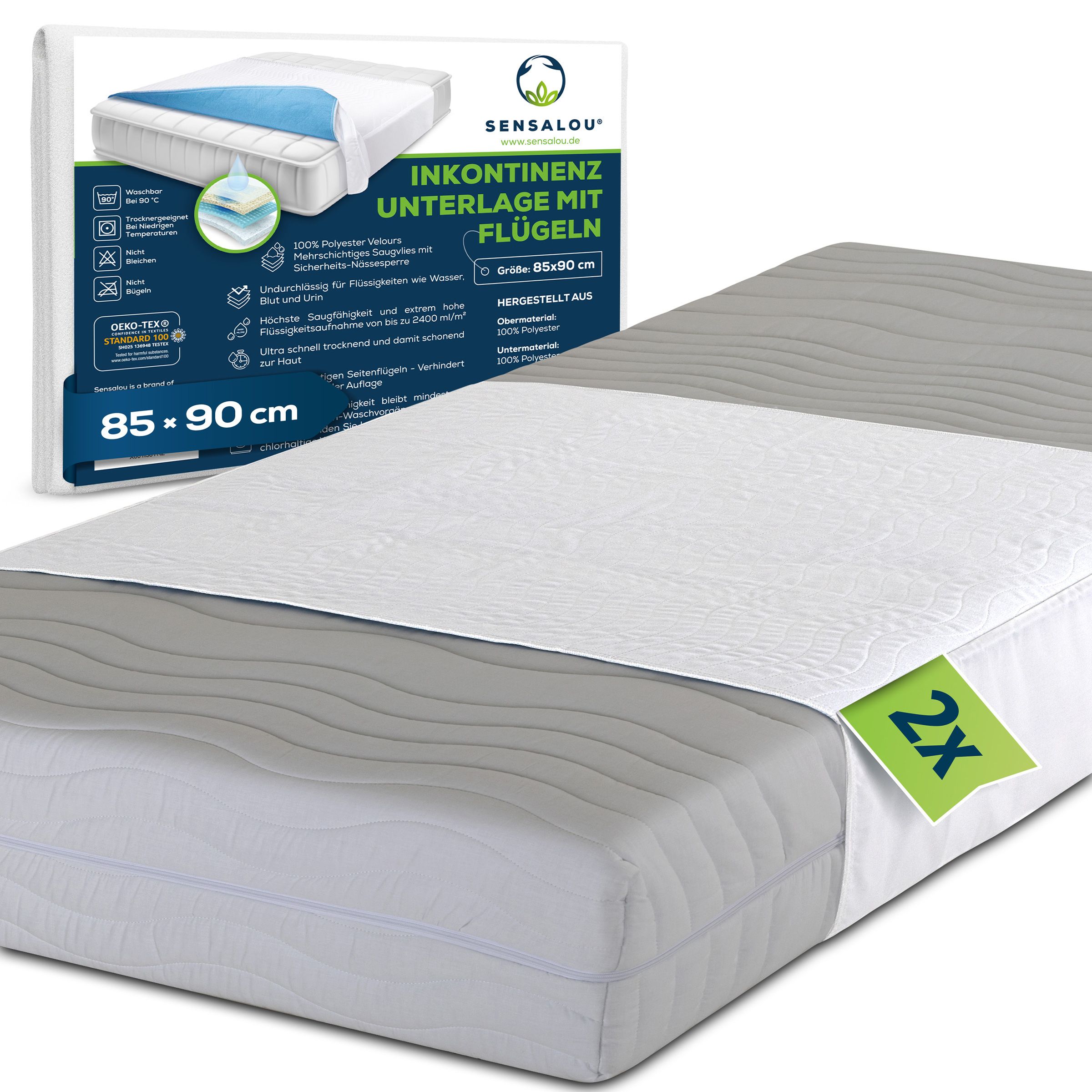 Produktverpackung: Inkontinenzunterlage mit Flügeln, 85x90 cm. Produkt auf einem Bett. Verpackung mit Produktinformationen.