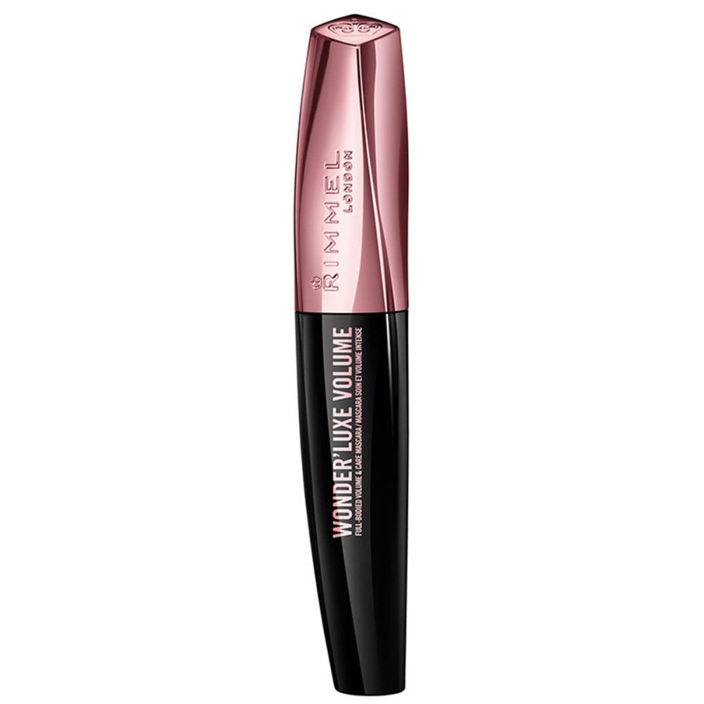 Schwarze Mascara-Tube mit roségoldenem Deckel. Text: Wonder'luxe Volume, Rimmel London.