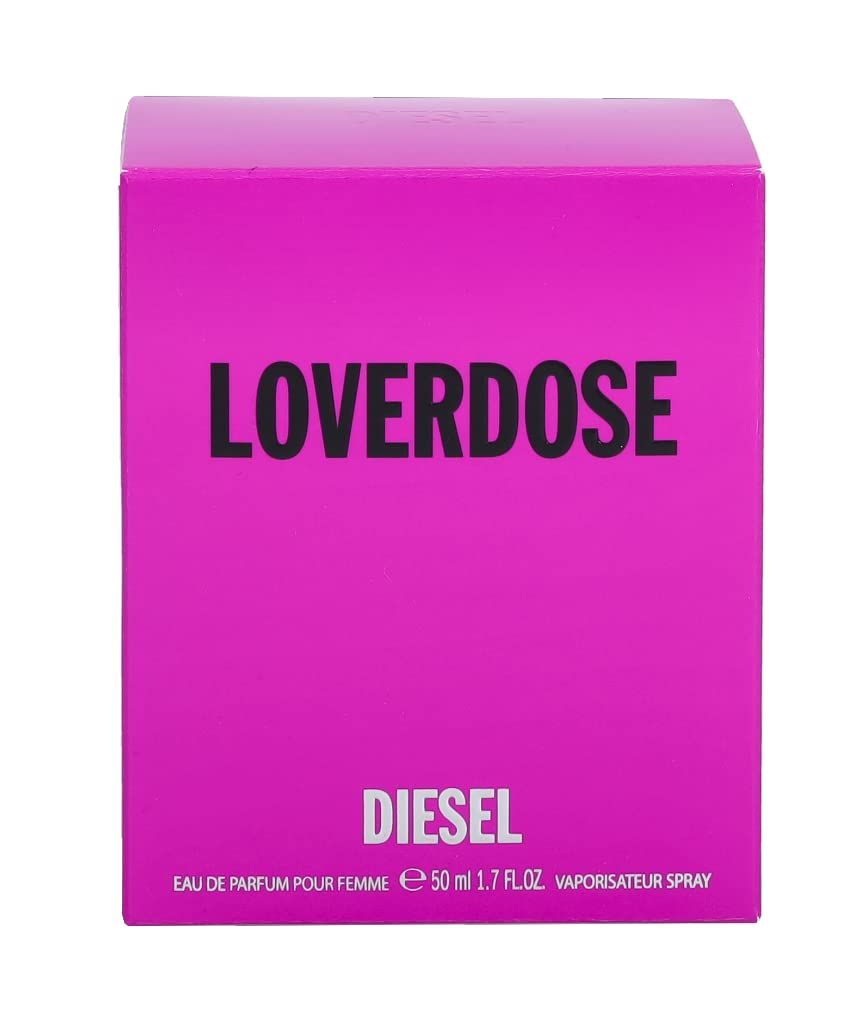 Rosa Schachtel mit schwarzem LOVERDOSE-Schriftzug und DIESEL-Logo. Text: Eau de Parfum pour Femme.