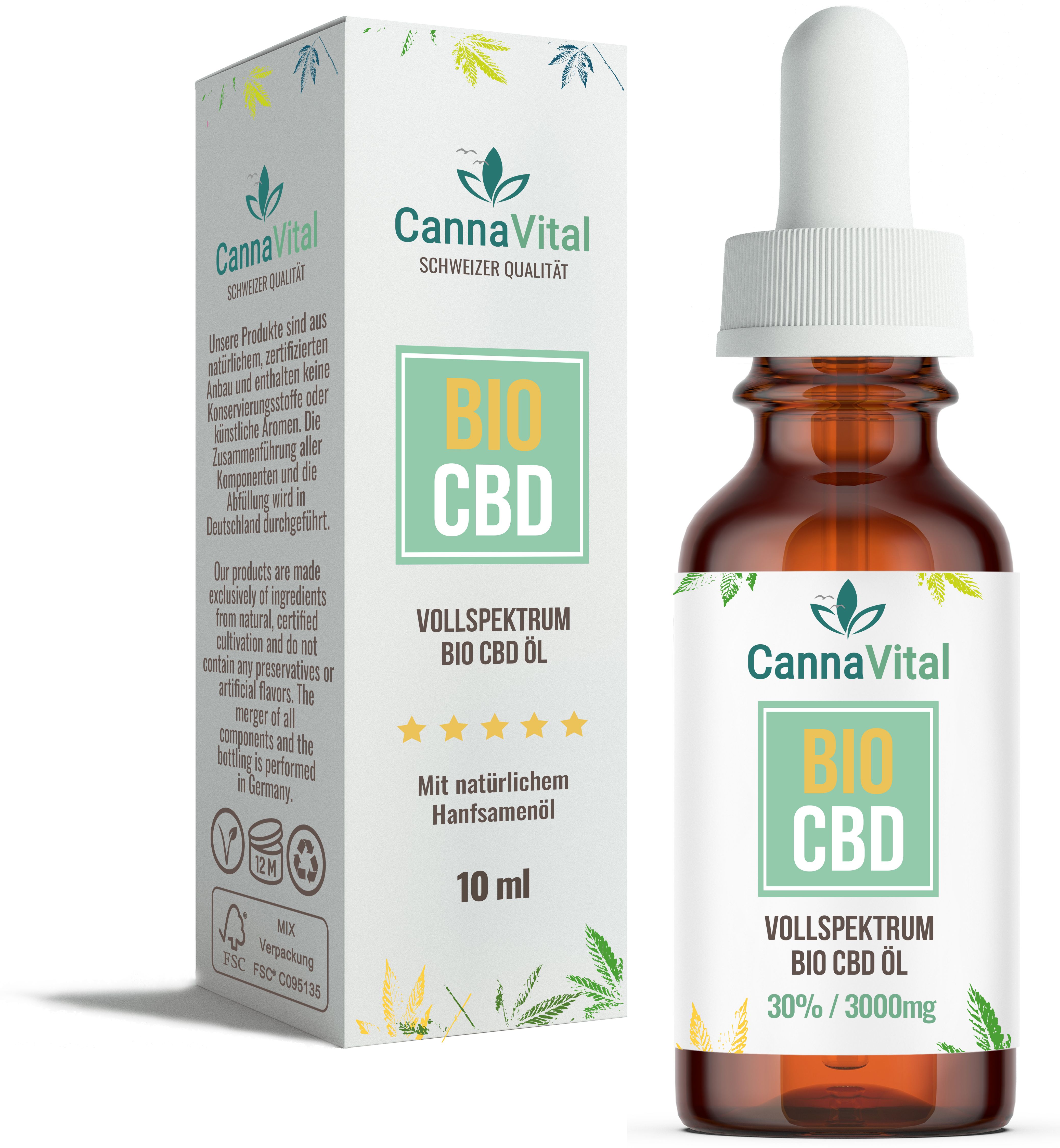 Braune Glasflasche mit Pipette und Karton. Aufschrift: CannaVital BIO CBD Vollspektrum 30%. 10 ml. Schweizer Qualität.