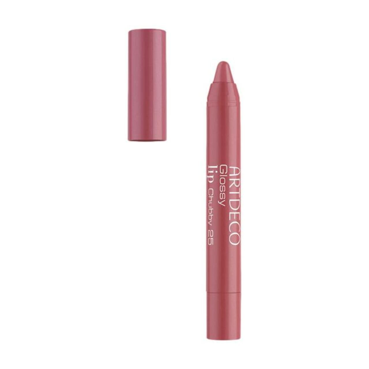 Artdeco Glossy Lip Chubby 25. Rosa Lippenstift mit abgenommenem Deckel. Zylindrische Form. Produktname und Marke auf dem Stift.