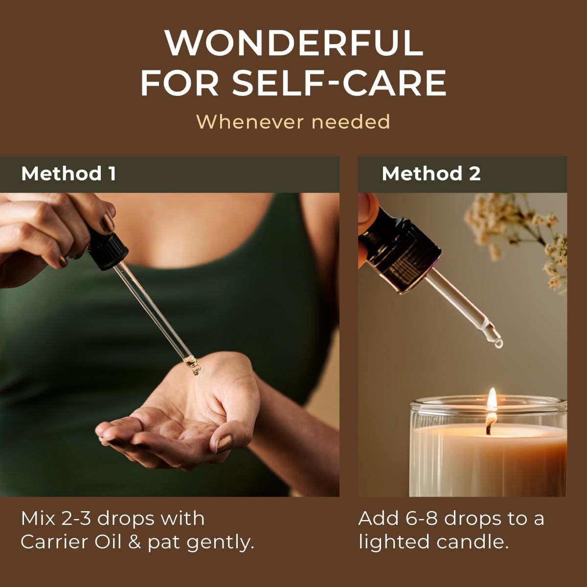 Zwei Methoden: Tropfen auf Hand und in Kerze. Text: Mix 2-3 Tropfen mit Trägeröl. Add 6-8 Tropfen in eine Kerze.