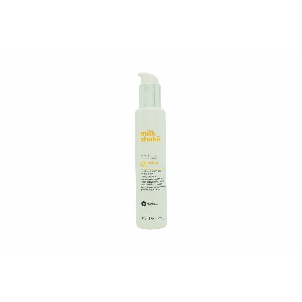 Weiße Flasche mit Pumpe. Aufschrift: Milk_Shake, No Frizz Glistening Milk. Mehrsprachige Produktbeschreibung. Unten: 125 ml.