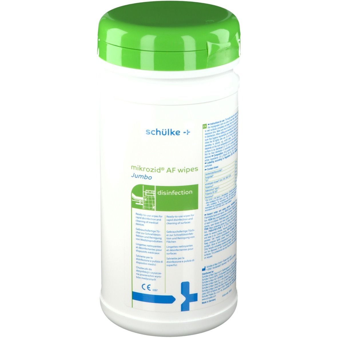 Weißer Behälter mit grünem Deckel. Beschriftung: mikrozid AF wipes Jumbo, schülke. Aufdruck: disinfection.