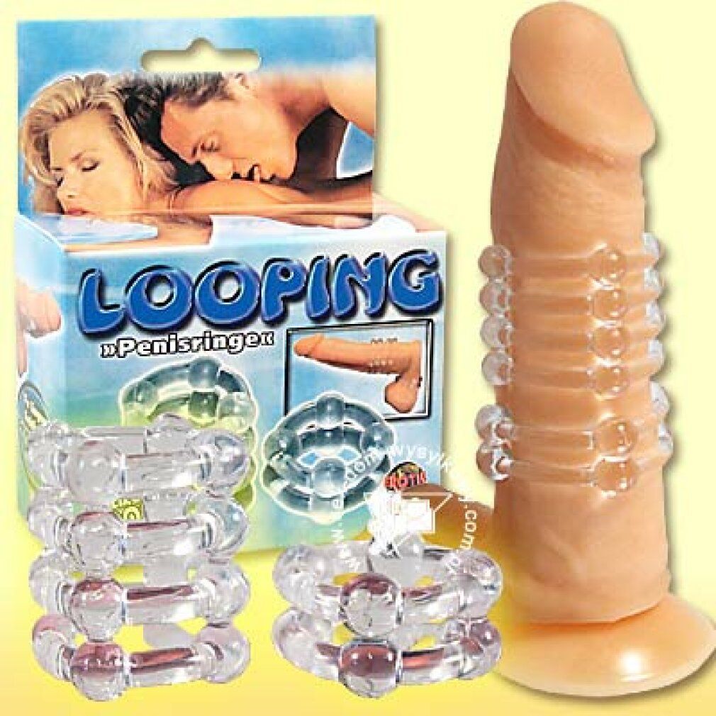 Produktverpackung mit Produktabbildung. Mehrere transparente Ringe mit Noppen. Ringförmige Struktur mit erhabenen Elementen. Penis-Modell.