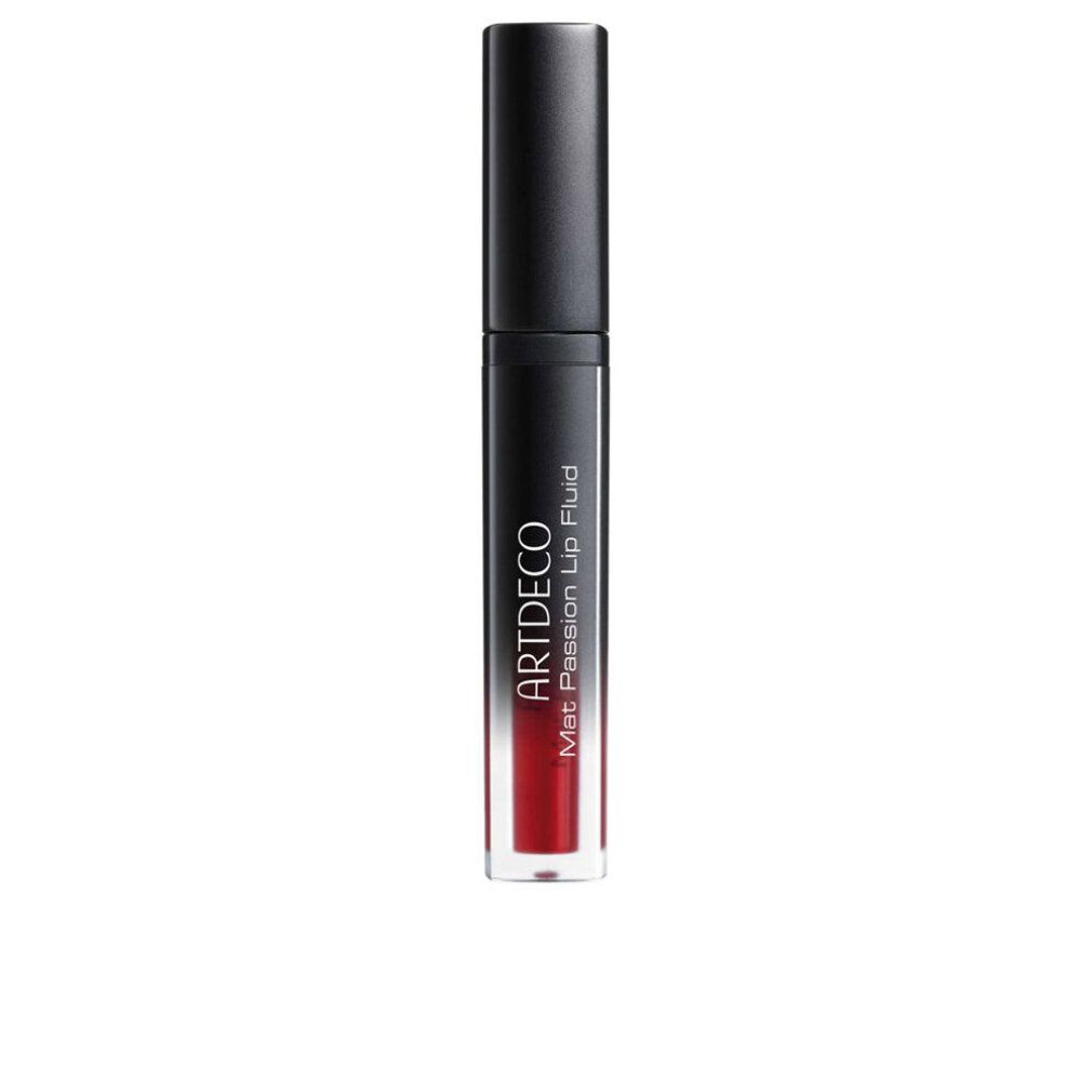 Lip Fluid Flasche. Schwarzer Deckel, transparente Flasche. Aufschrift: ARTDECO Mat Passion Lip Fluid.