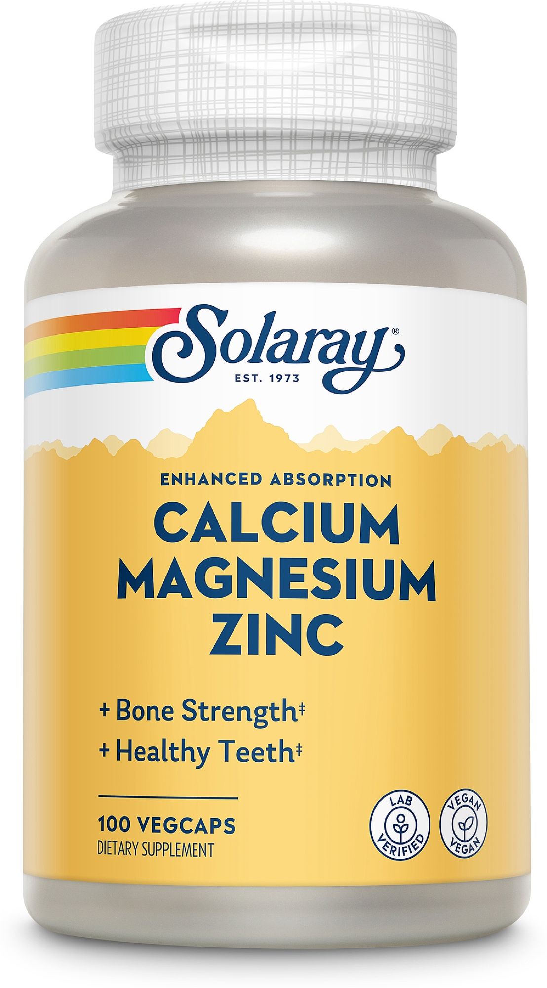 Solaray Calcium Magnesium Zink Flasche mit 100 Vegcaps. Laborgeprüft und vegan.